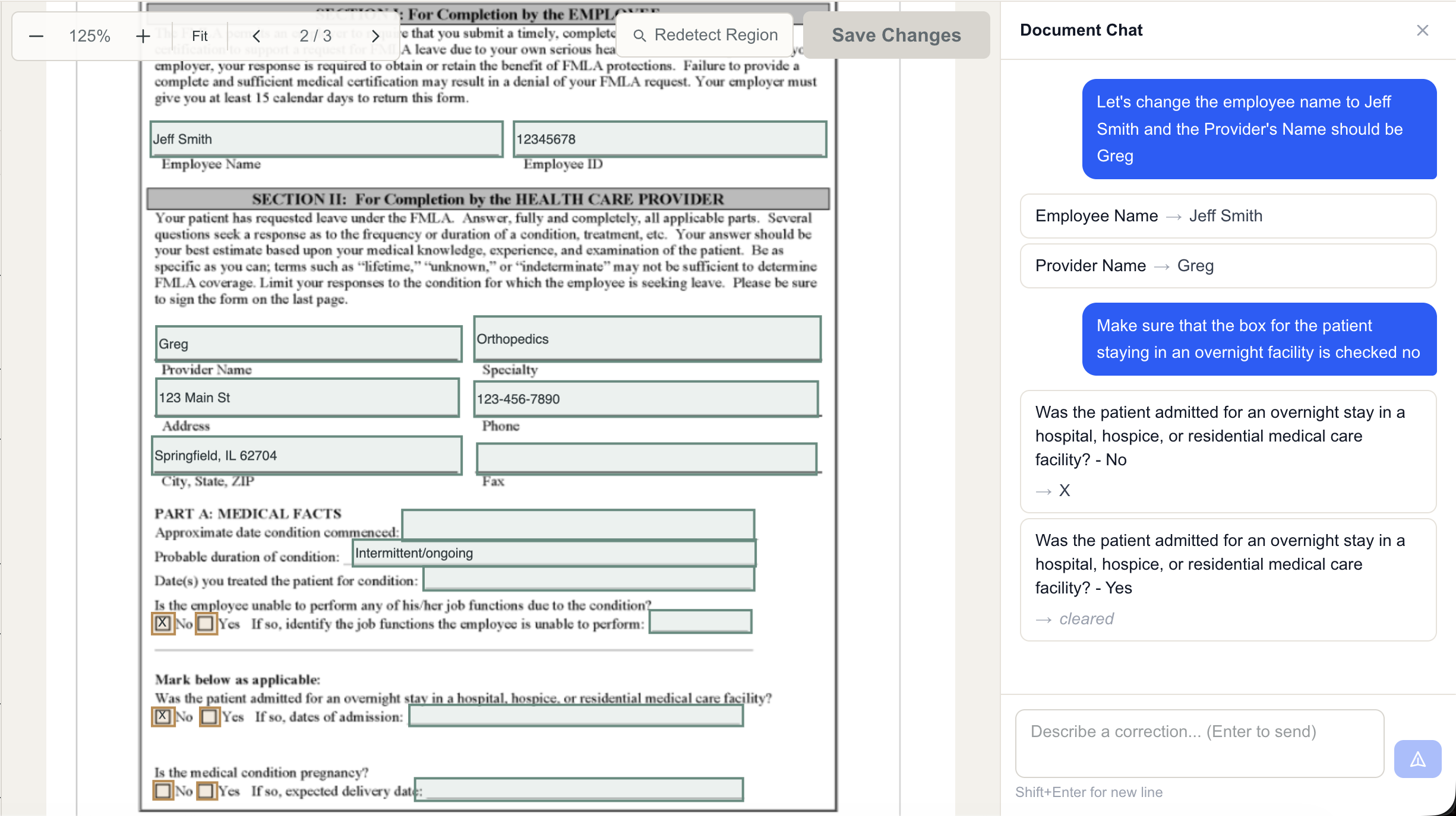 FillBetter editor showing an editable form alongside Document Chat