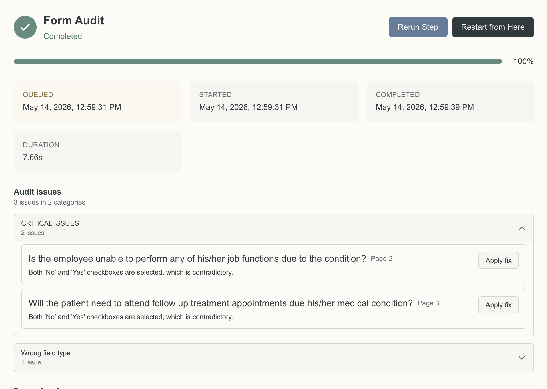 Form audit issues screenshot